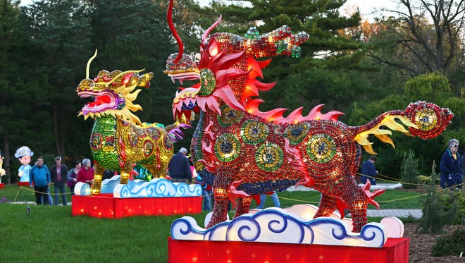 A pair of kylin, a traditional favorable beast with a calm temper in ancient Chinese tales, are part of the China Lights display at Boerner Botanical Gardens.