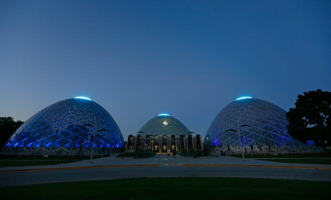 The Mitchell Park Domes Horticulture Conservatory just after dusk in Milwaukee on Sept. 14, 2016.