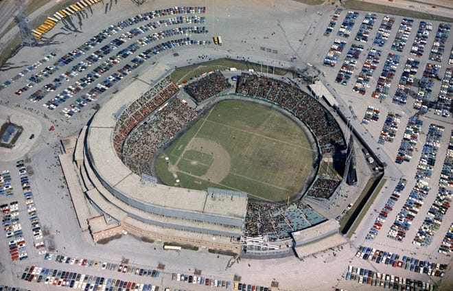 This closer aerial of Milwaukee County Stadium during the Brewers' first opening day on April 7, 1970, clearly shows the Packers football field running from the third-base line to the right field bleachers. Despite the fanfare and large crowd the Brewers fell to the California Angels 12-0.